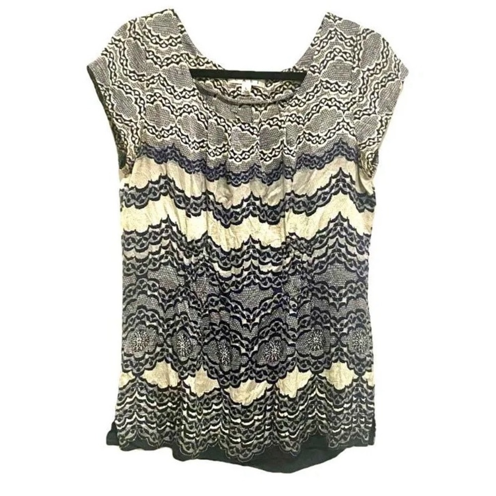 CAbi Black and White Silk Blouse Sz L